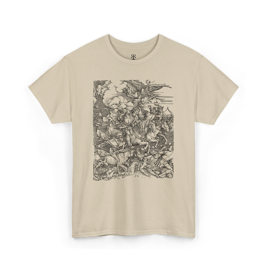 A beige t-shirt with a printed design featuring the Four Horsemen of the Apocalypse.