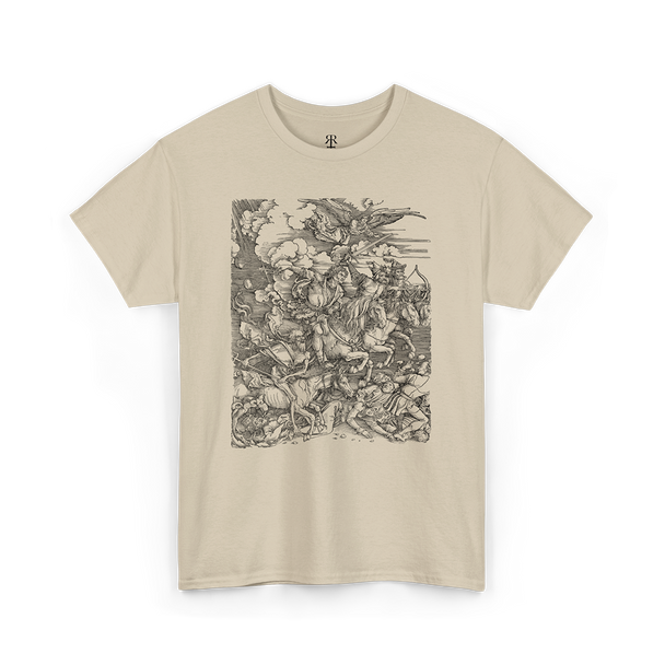 A beige t-shirt with a printed design featuring the Four Horsemen of the Apocalypse.