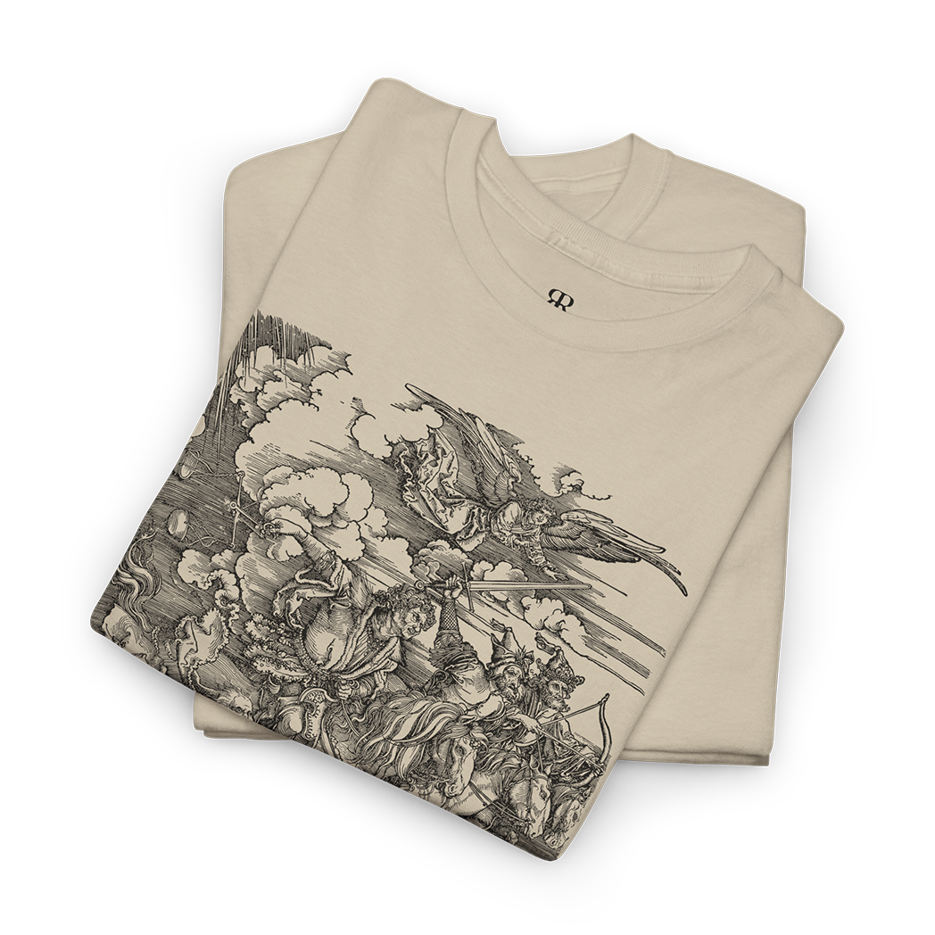 A beige t-shirt with a printed design featuring the Four Horsemen of the Apocalypse.
