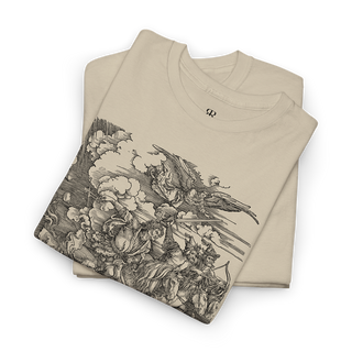 A beige t-shirt with a printed design featuring the Four Horsemen of the Apocalypse.