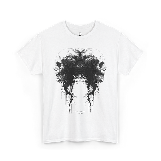 White t-shirt with black abstract design of two merged skulls