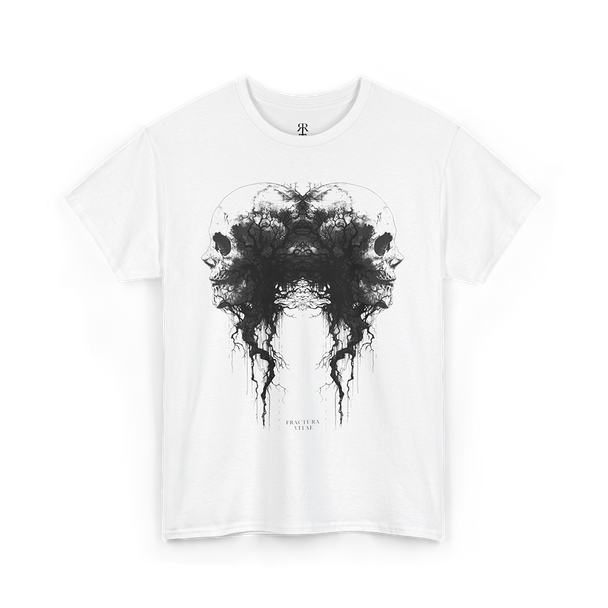 White t-shirt with black abstract design of two merged skulls