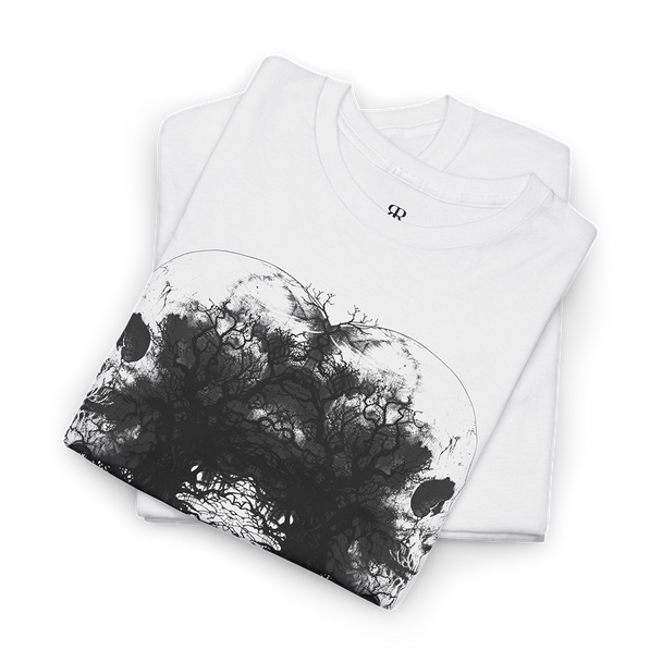 White t-shirt with black abstract design of two merged skulls