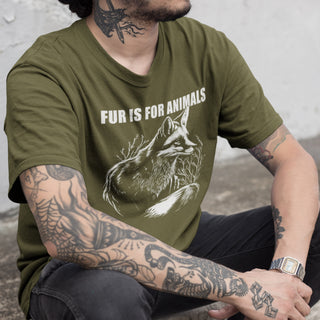 Person wearing a green t-shirt with a graphic of a cat and text 'FUR IS FOR ANIMALS'.