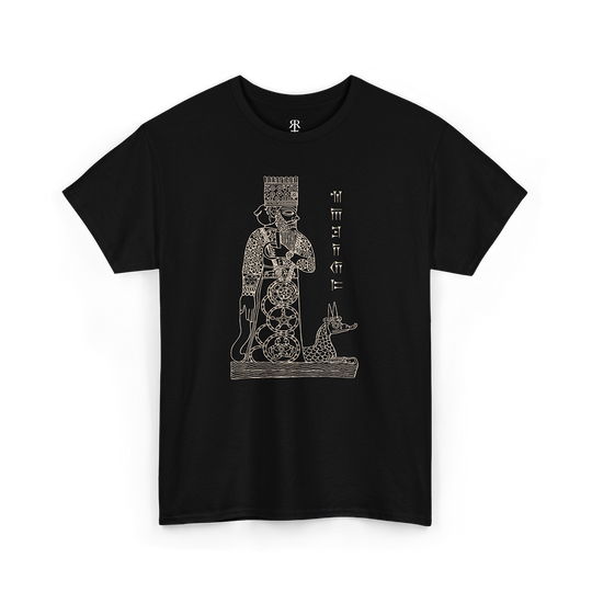A black T-shirt with a graphic print of a Babylonian god Marduk, seated on a throne with a dragon at his feet.