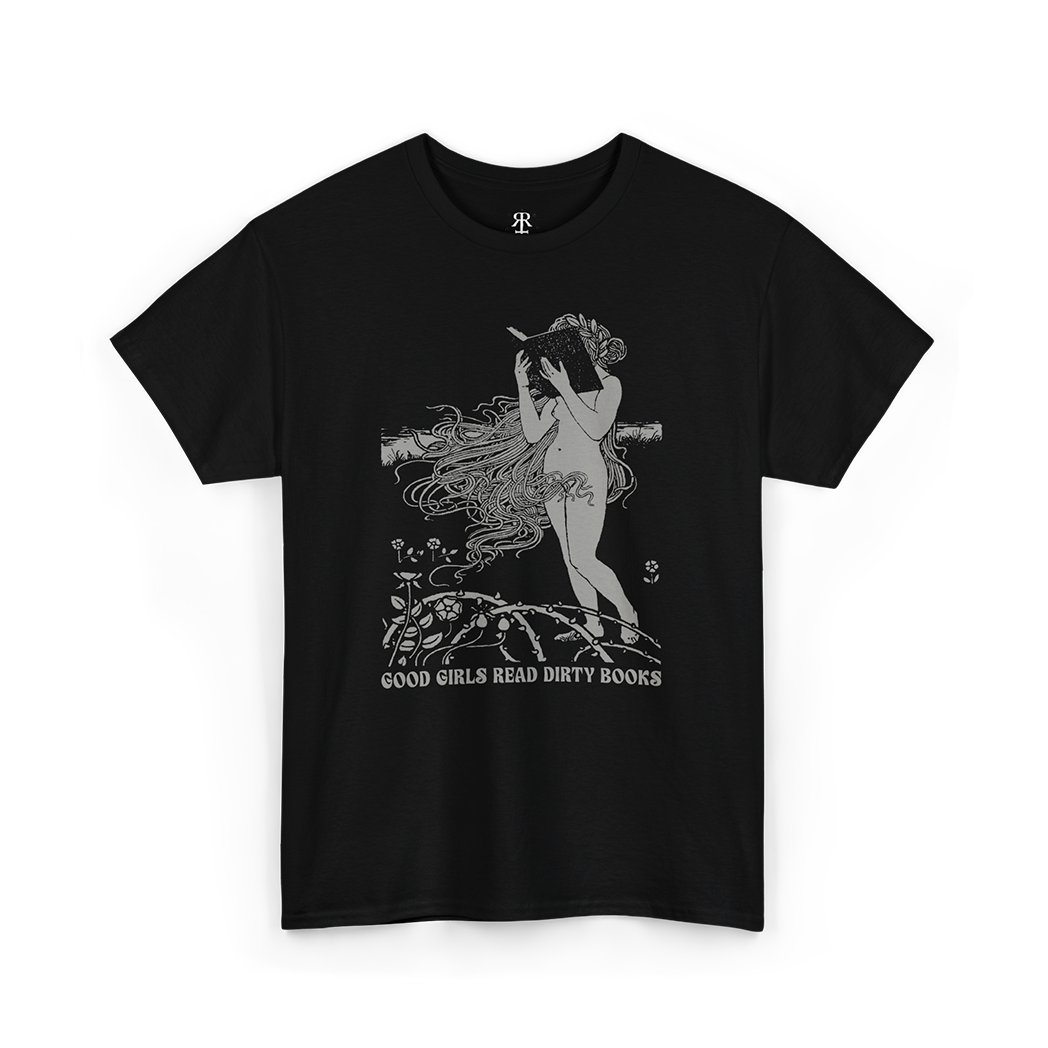 Black t-shirt with monochrome illustration of a girl with a book, surrounded by text that reads "Good Girls Read Dirty Books.