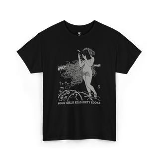 Black t-shirt with monochrome illustration of a girl with a book, surrounded by text that reads "Good Girls Read Dirty Books.
