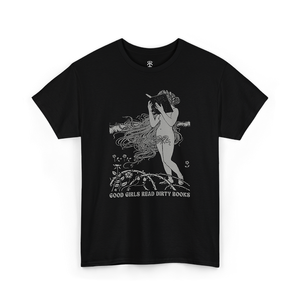 Black t-shirt with monochrome illustration of a girl with a book, surrounded by text that reads "Good Girls Read Dirty Books.