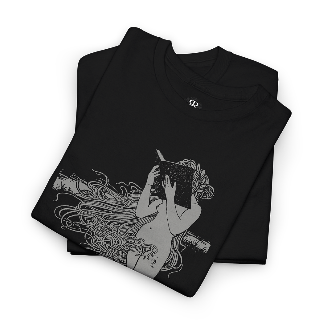 Black t-shirt with monochrome illustration of a girl with a book, surrounded by text that reads "Good Girls Read Dirty Books.