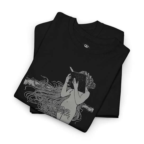 Black t-shirt with monochrome illustration of a girl with a book, surrounded by text that reads "Good Girls Read Dirty Books.