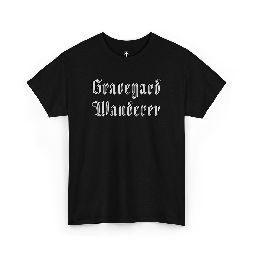 Black t-shirt with 'Graveyard Wanderer' text on a white background