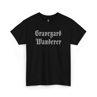 Black t-shirt with 'Graveyard Wanderer' text on a white background
