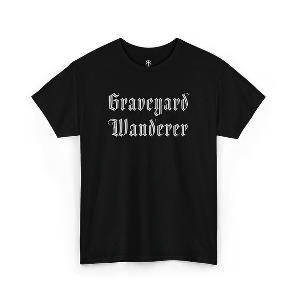 Black t-shirt with 'Graveyard Wanderer' text on a white background