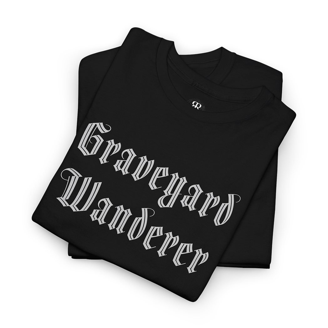 Black t-shirt with 'Graveyard Wanderer' text on a white background