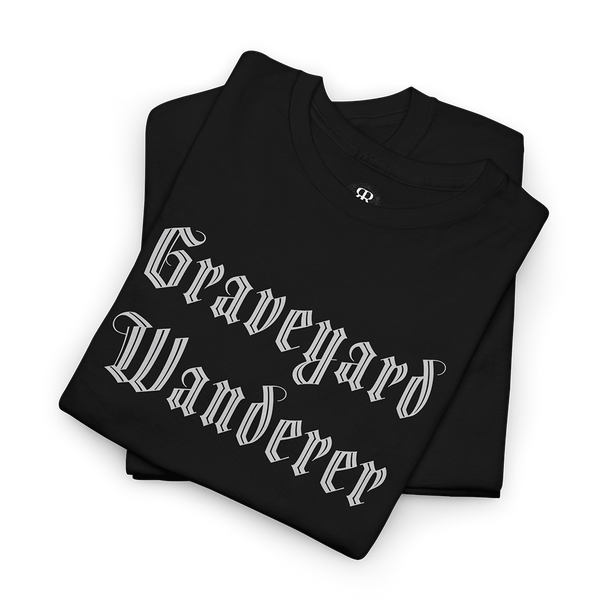 Black t-shirt with 'Graveyard Wanderer' text on a white background