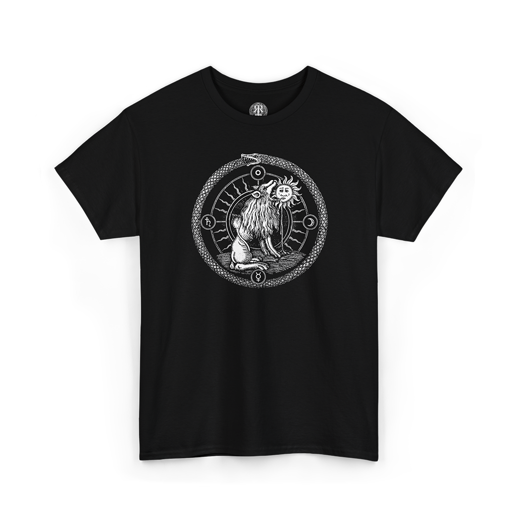 Black Green Lion Devouring the Sun T-Shirt in grayscale print