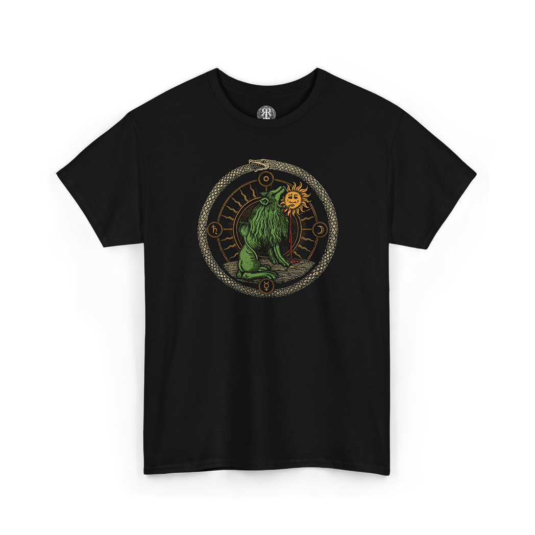 Black Green Lion Devouring the Sun T-Shirt with color print