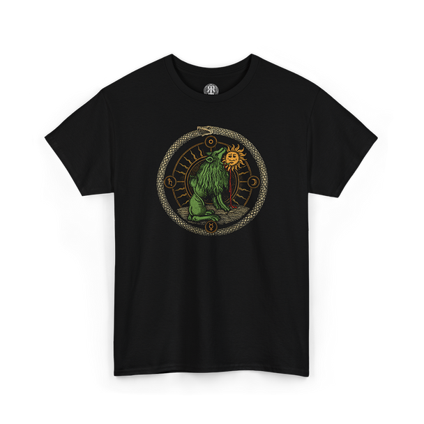Black Green Lion Devouring the Sun T-Shirt with color print