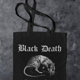 Black tote bag with 'Black Death' text and rat illustration on a textured gray background