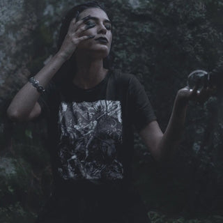 Woman wearing Albrecht Dürer Knight Death and the Devil T-Shirt