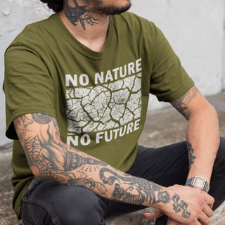 Person wearing a olive green t-shirt with 'No Nature No Future' text and graphic design.