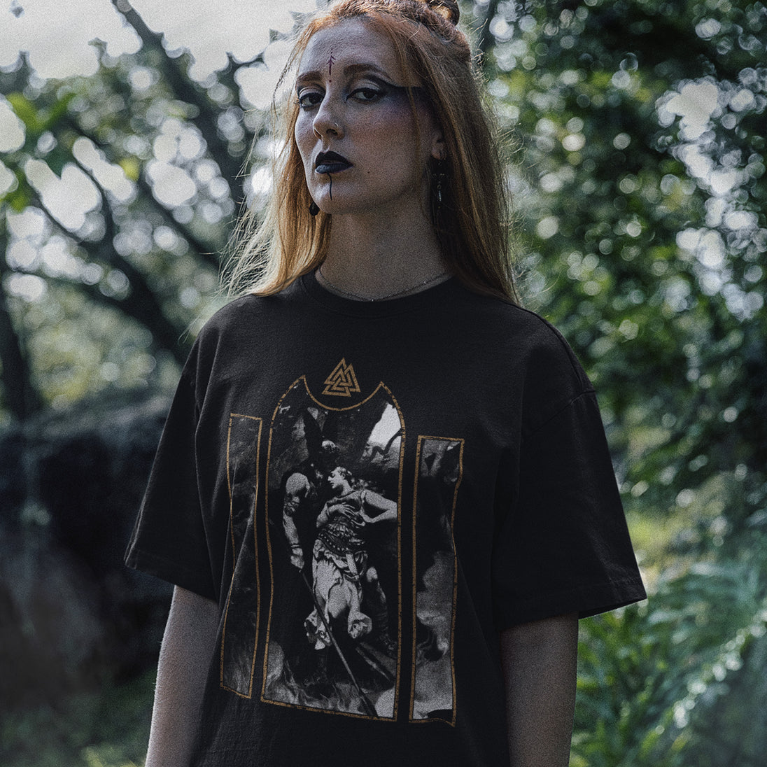 Woman wearing Wotan's Farewell to Brunhild T-Shirt in forest setting