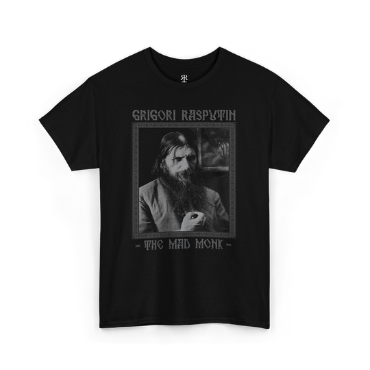 Black T-shirt featuring a monochrome image of Grigori Rasputin with the text 'GRIGORI RASPUTIN THE MAD MONK' on it.