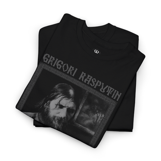 Black T-shirt featuring a monochrome image of Grigori Rasputin with the text 'GRIGORI RASPUTIN THE MAD MONK' on it.