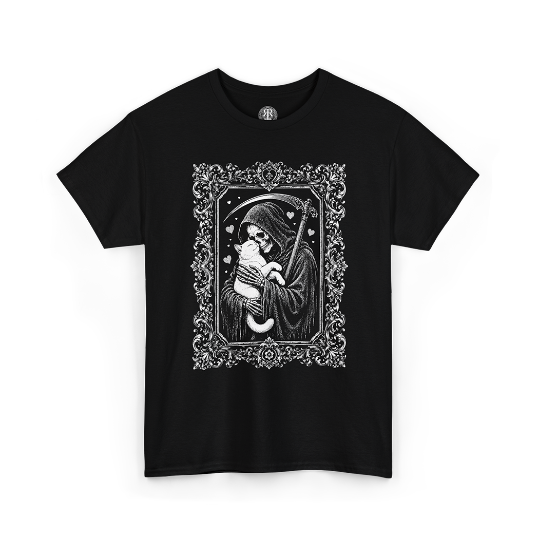 A black short-sleeve crewneck t-shirt featuring a detailed white graphic print of a skeleton in a hooded robe holding a scythe, framed by an ornate baroque-style border. The shirt is displayed flat against a solid white background.