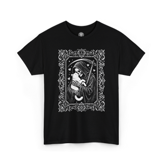 A black short-sleeve crewneck t-shirt featuring a detailed white graphic print of a skeleton in a hooded robe holding a scythe, framed by an ornate baroque-style border. The shirt is displayed flat against a solid white background.