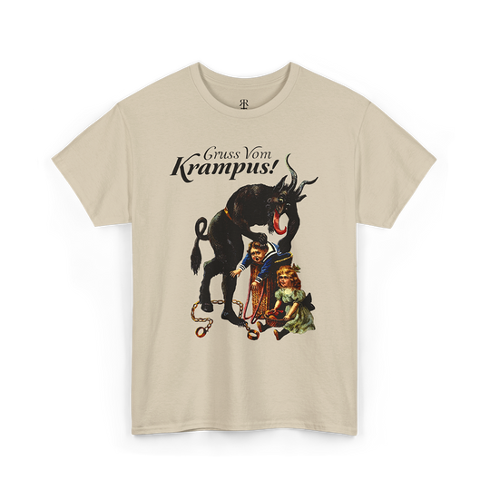 A sand t-shirt with a vintage graphic print of a Krampus and the text 'Gruss vom Krampus!'