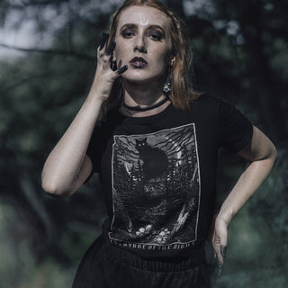 Woman wearing Creature of the Night T-Shirt, in forest setting