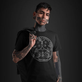 Man wearing black Vitriol T-Shirt in grey print
