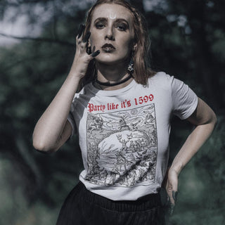 Woman in forest setting wearing white Party Like it's 1599 T-Shirt