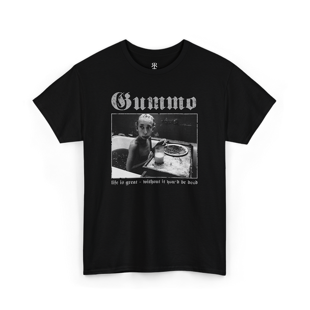 Gummo t-shirt with classic Solomon quote 'Life is great, without it you'd be dead' showing him eating spaghetti in the bathtub.