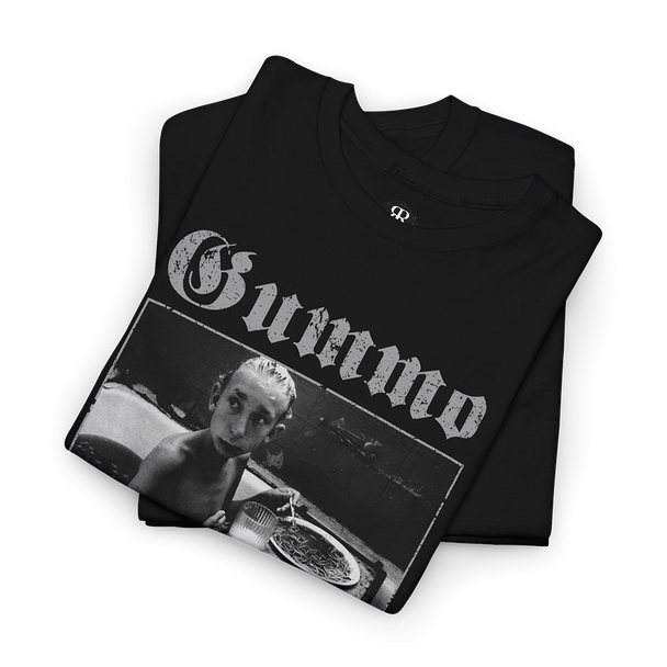 Gummo t-shirt with classic Solomon quote 'Life is great, without it you'd be dead' showing him eating spaghetti in the bathtub.