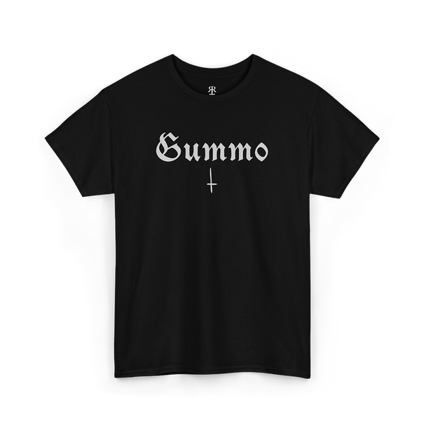 Black T-shirt with the word 'Gummo' printed in white font along with a small cross
