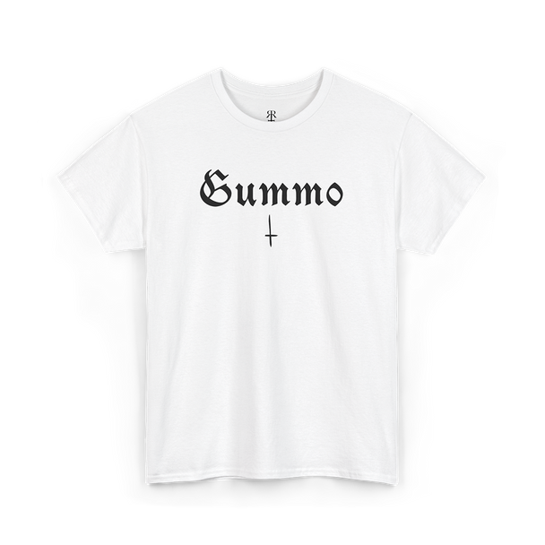 White T-shirt with the word 'Gummo' printed in white font along with a small cross