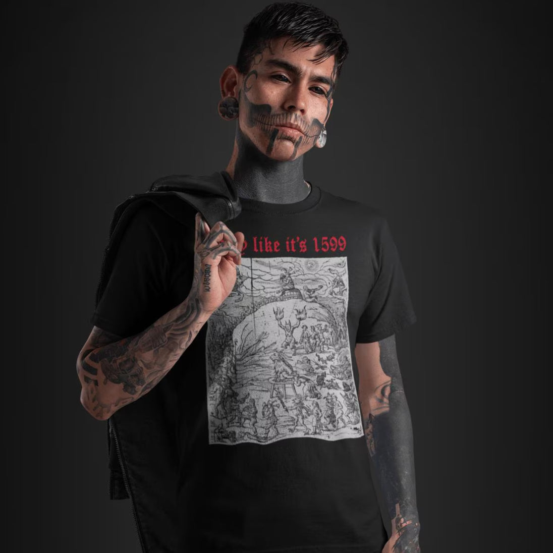 Tattooed man wearing black Party Like it's 1599 T-Shirt