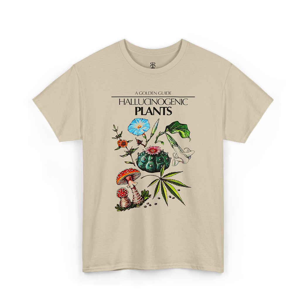 A beige T-shirt featuring a graphic print of various hallucinogenic plants with colorful flowers and mushrooms.