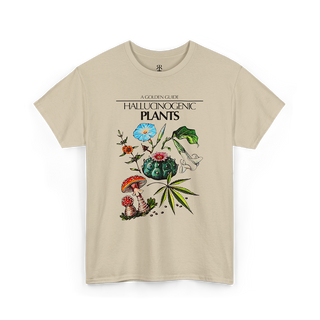 A beige T-shirt featuring a graphic print of various hallucinogenic plants with colorful flowers and mushrooms.