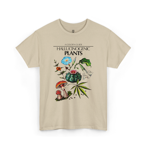 A beige T-shirt featuring a graphic print of various hallucinogenic plants with colorful flowers and mushrooms.