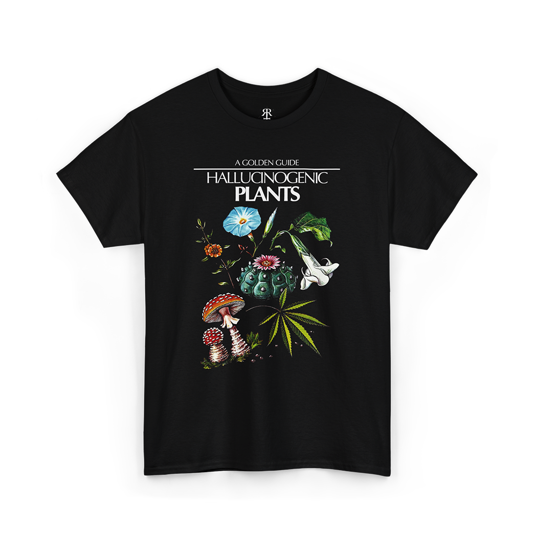 A black T-shirt featuring a graphic print of various hallucinogenic plants with colorful flowers and mushrooms.