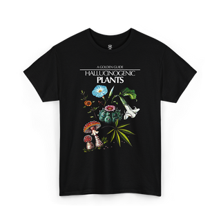 A black T-shirt featuring a graphic print of various hallucinogenic plants with colorful flowers and mushrooms.