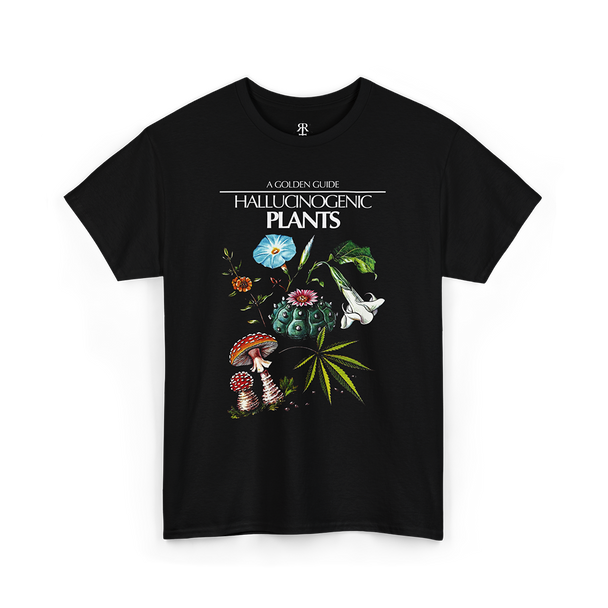A black T-shirt featuring a graphic print of various hallucinogenic plants with colorful flowers and mushrooms.