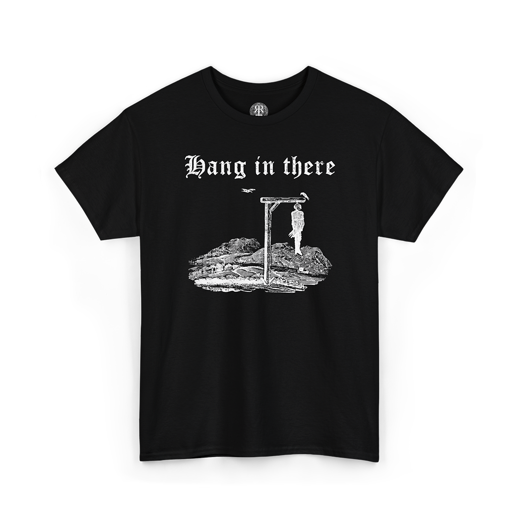 Black t-shirt with graphic design and text 'Hang in there' on a white background