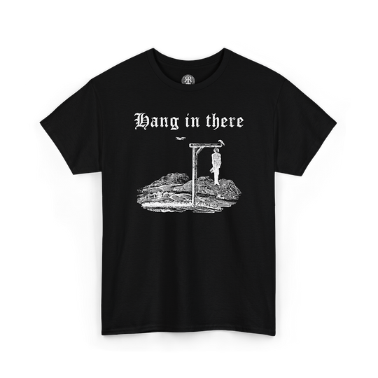 Black t-shirt with graphic design and text 'Hang in there' on a white background