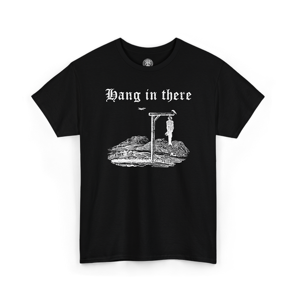Black t-shirt with graphic design and text 'Hang in there' on a white background