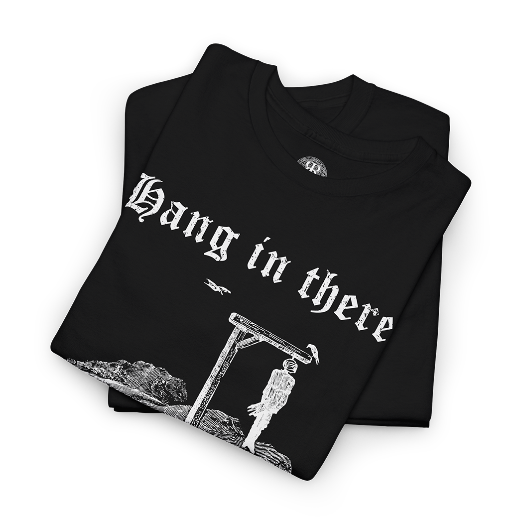 Black t-shirt with 'Hang in there' text and graphic design on a white background
