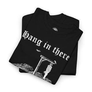 Black t-shirt with 'Hang in there' text and graphic design on a white background